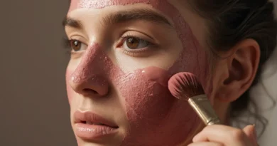 Mulher aplicando máscara facial de argila rosa com um pincel