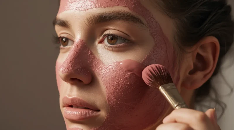 Mulher aplicando máscara facial de argila rosa com um pincel