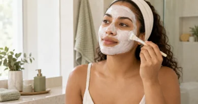 Mulher aplicando máscara facial cremosa com pincel de skincare