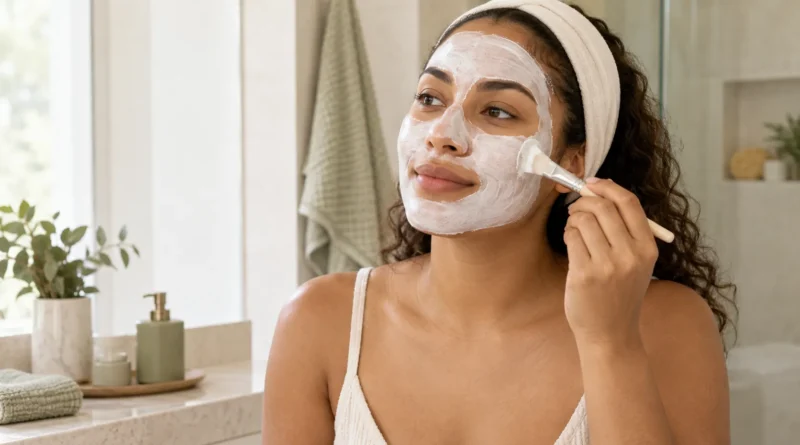 Mulher aplicando máscara facial cremosa com pincel de skincare