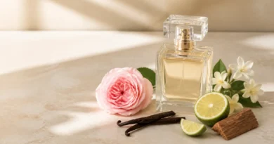 frasco de perfume com flores, frutas e madeiras representando famílias olfativas
