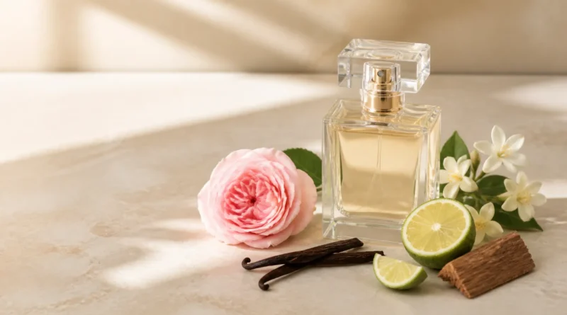 frasco de perfume com flores, frutas e madeiras representando famílias olfativas