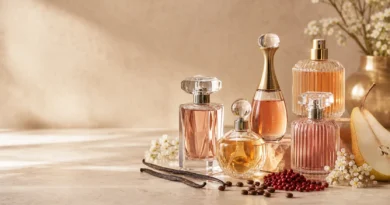 frascos de perfume feminino com baunilha, café, frutas vermelhas e flores