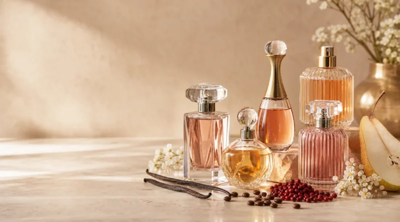 frascos de perfume feminino com baunilha, café, frutas vermelhas e flores