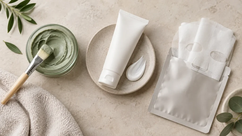 Máscara de argila, máscara cremosa e máscara de tecido em composição de skincare