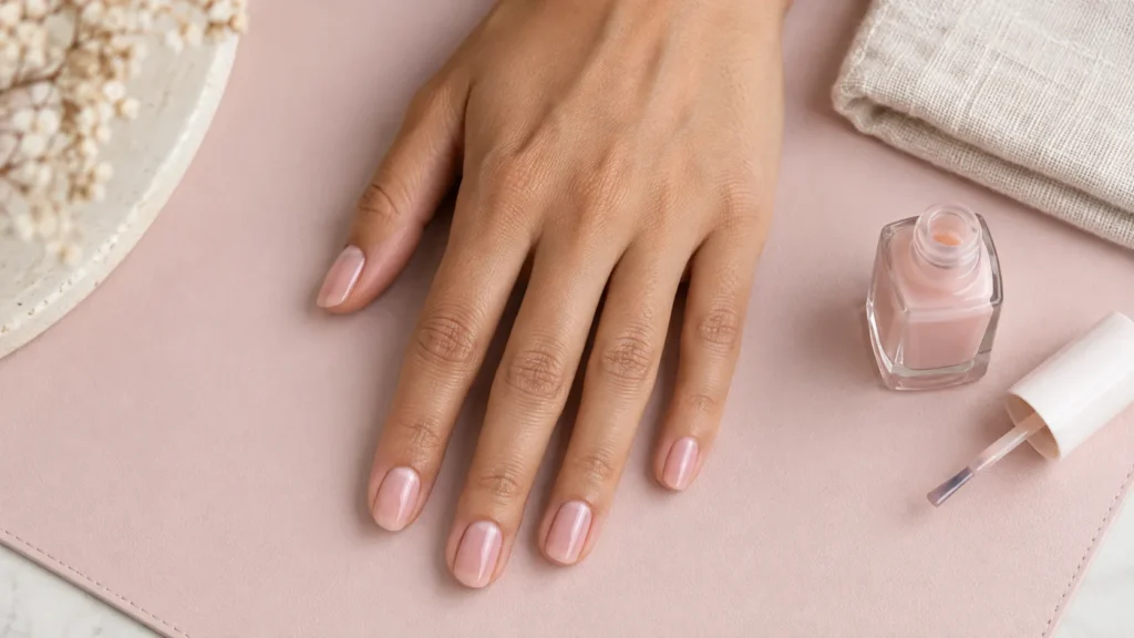 Unhas com esmalte rosa claro aplicado em camadas finas e uniformes
