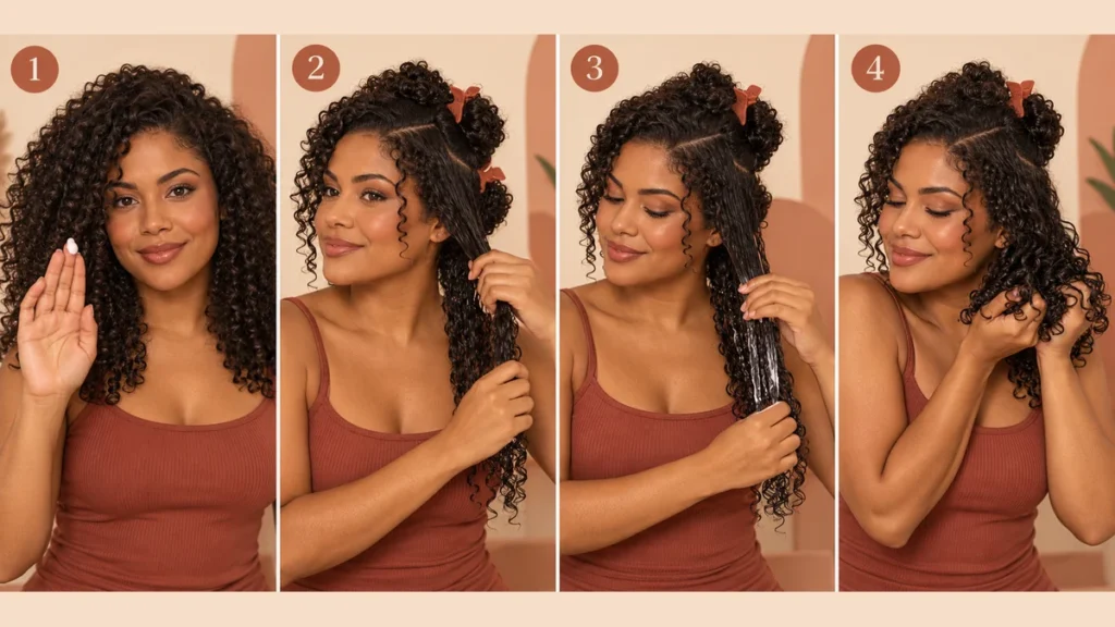 Passo a passo ilustrado para aplicar creme no cabelo cacheado por mechas.