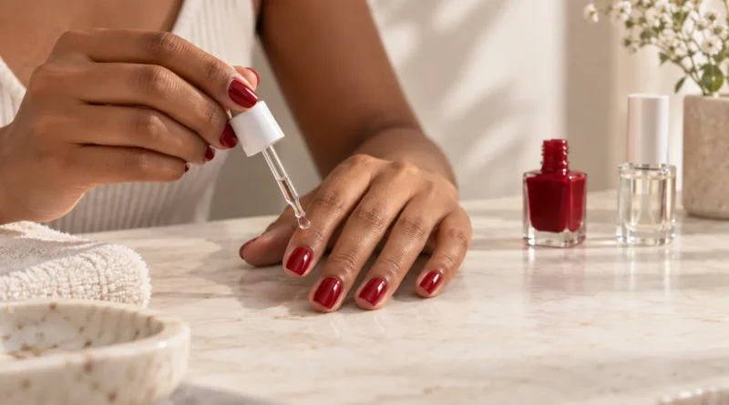 Mãos com unhas vermelhas recebendo gotas secantes para acelerar a secagem do esmalte