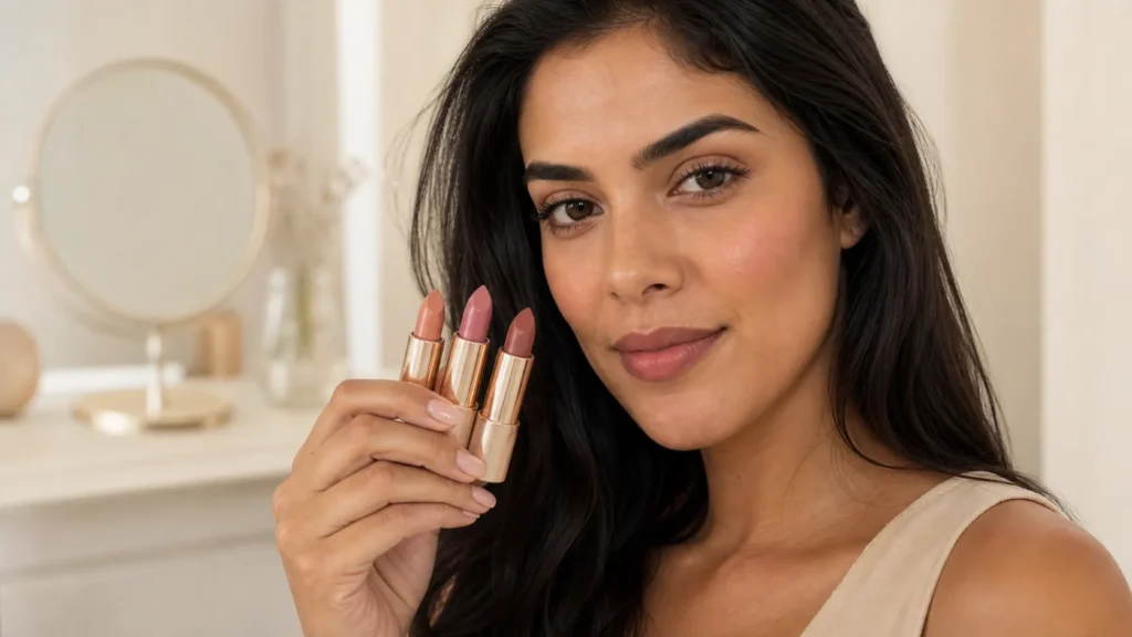 Mulher comparando batons nude pêssego, rosa malva e marrom rosado para identificar o subtom