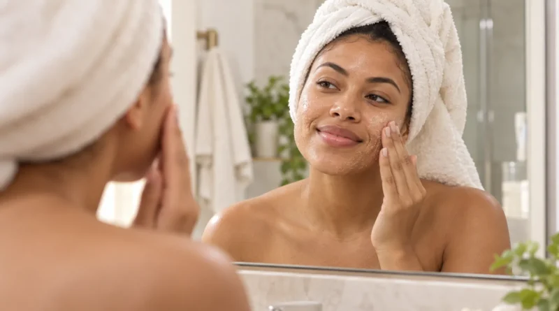 Mulher aplicando esfoliante facial suavemente diante do espelho.