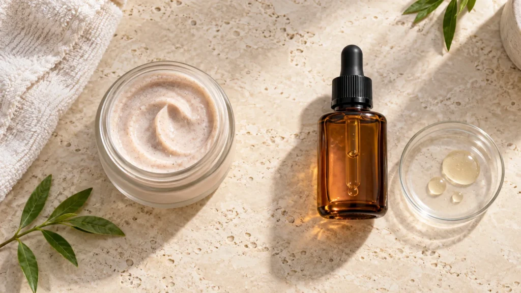 Comparação visual entre esfoliante facial físico e sérum esfoliante químico.