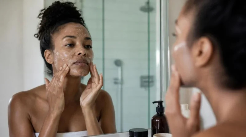 Mulher negra realizando esfoliação facial com produto suave para cuidados com a pele.