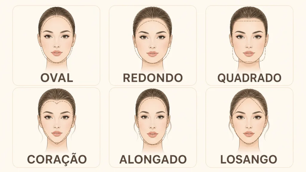 Maquiagem para cada formato de rosto: como valorizar seus traços Infográfico com seis formatos de rosto: oval, redondo, quadrado, coração, alongado e losango.