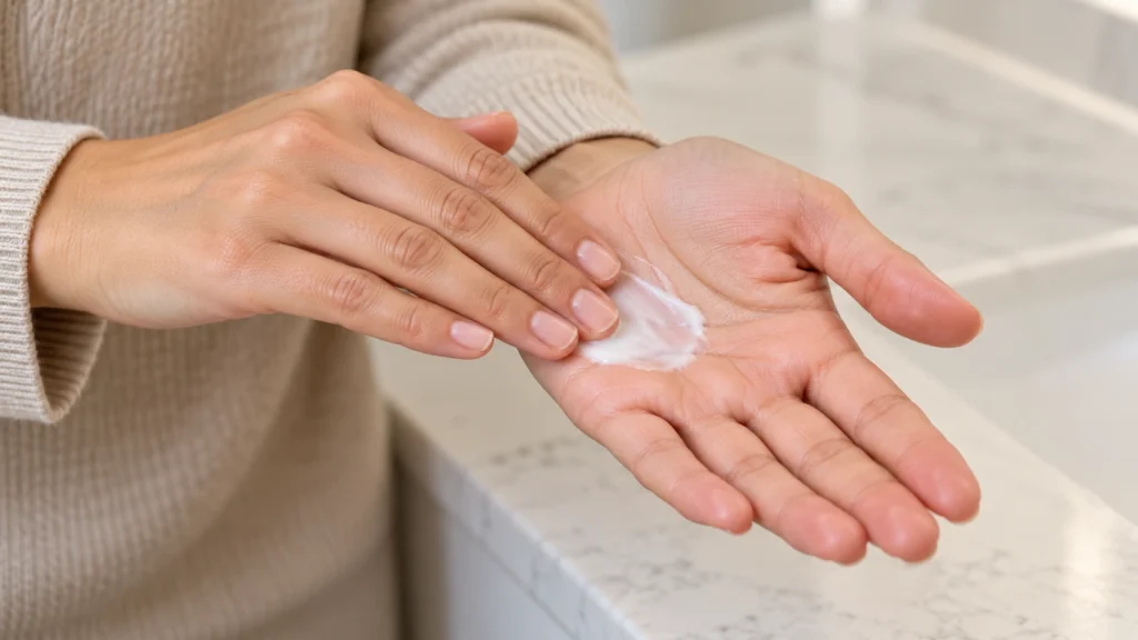 Mãos espalhando uma pequena porção de creme leave-in na palma.