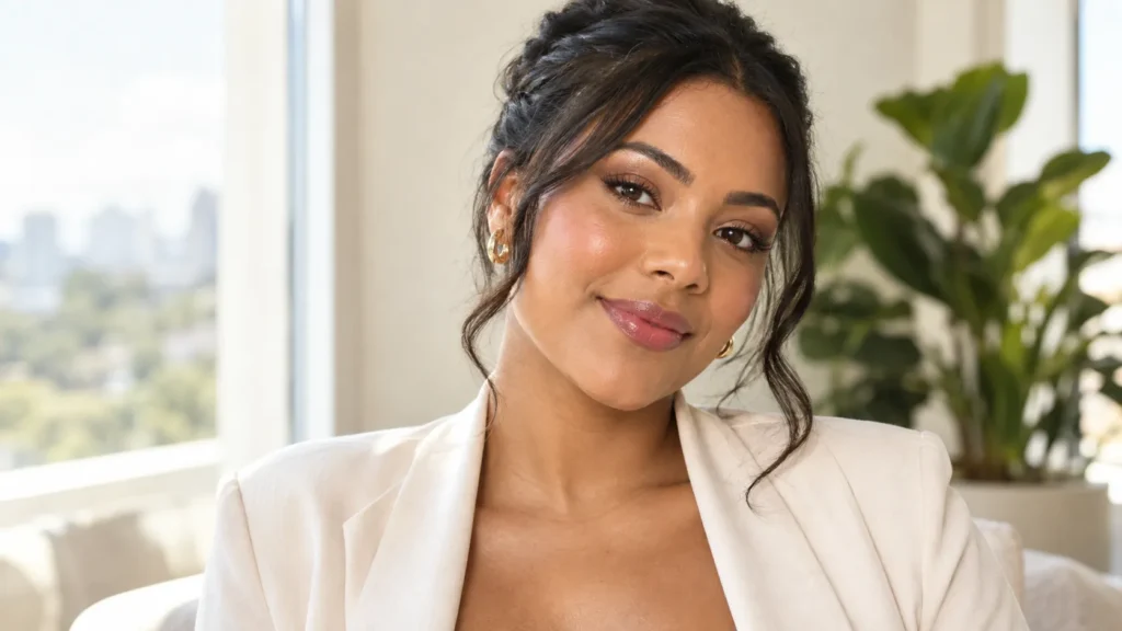 Mulher com maquiagem leve para formatura de dia, blush pêssego e lábios rosados