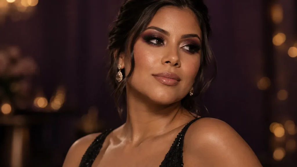 Mulher com maquiagem para formatura à noite, olhos esfumados e lábios nude