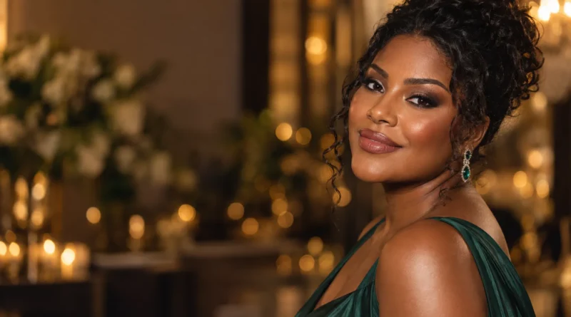 Mulher com maquiagem sofisticada para formatura, olhos esfumados e vestido verde