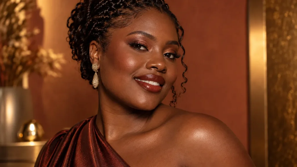 Mulher negra com maquiagem para formatura em tons bronze, cobre e batom marrom-avermelhado