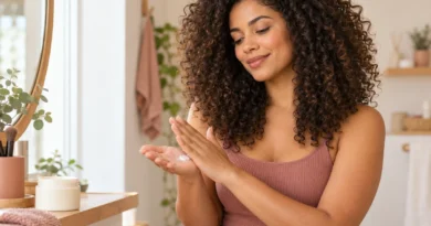 Mulher com cabelo cacheado definido preparando creme de pentear nas mãos.
