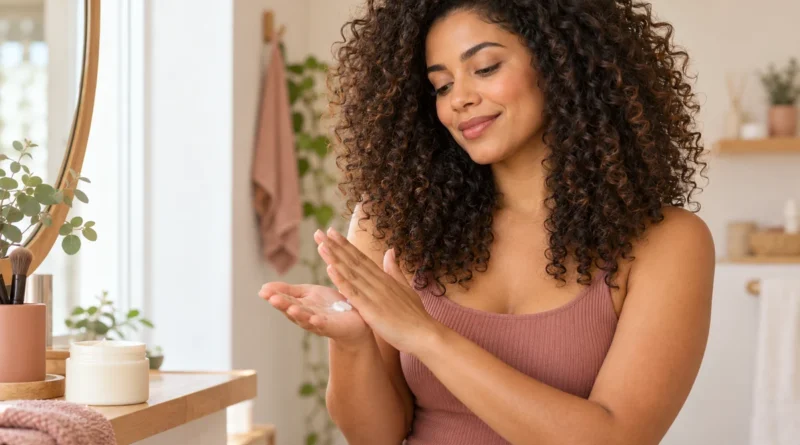Mulher com cabelo cacheado definido preparando creme de pentear nas mãos.