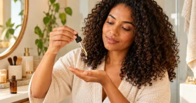 Mulher preparando algumas gotas de óleo para aplicar no cabelo cacheado