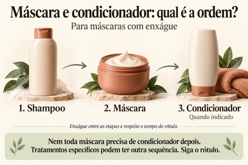 Sequência de shampoo, máscara e condicionador quando indicado, com aviso para seguir as instruções do rótulo.