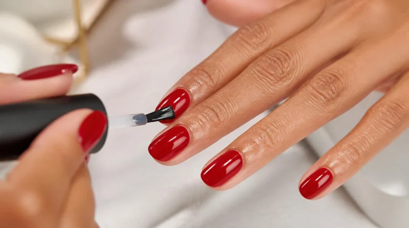 top coat aplicado sobre esmalte colorido nas unhas