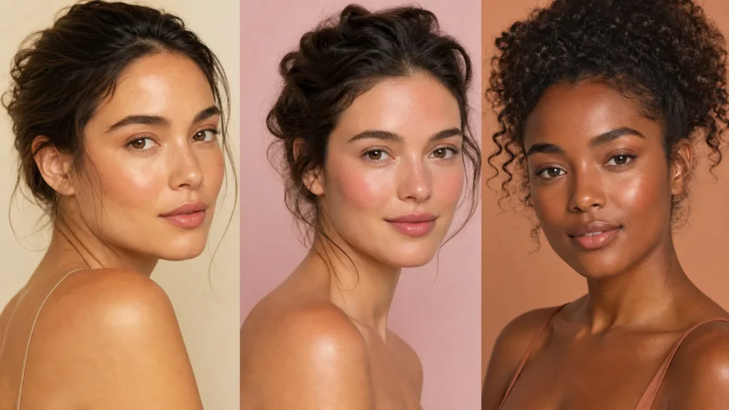 três variações de pele glow natural em tons pêssego, rosado e bronzeado suave