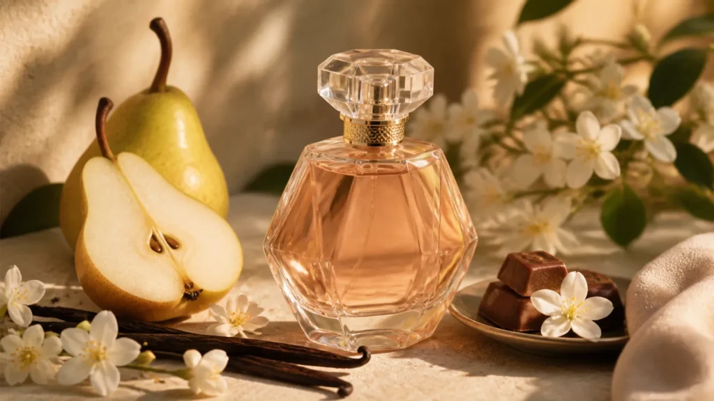 perfume feminino doce com notas de pera, baunilha e flores