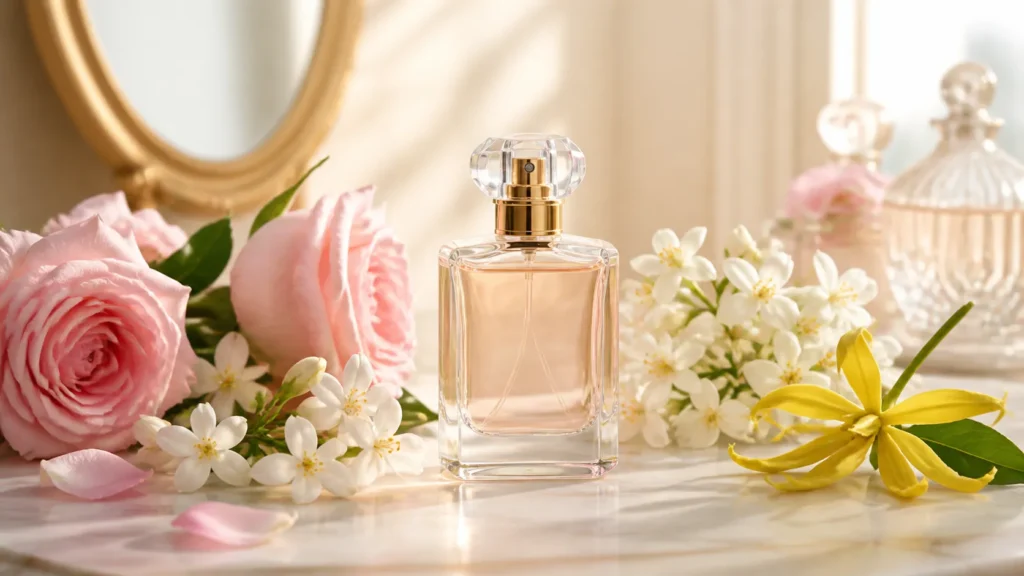 perfume floral feminino com rosas, jasmim e ylang ylang
