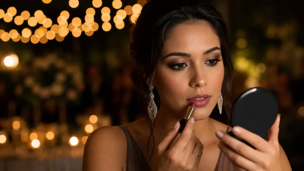 retoque de batom em maquiagem para casamento à noite