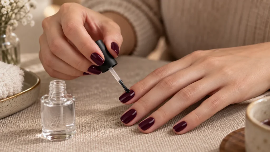 Aplicação de top coat transparente sobre unhas com esmalte vinho