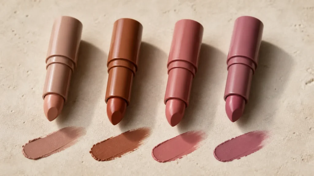 batons em tons nude marrom e rosa malva sobre fundo claro