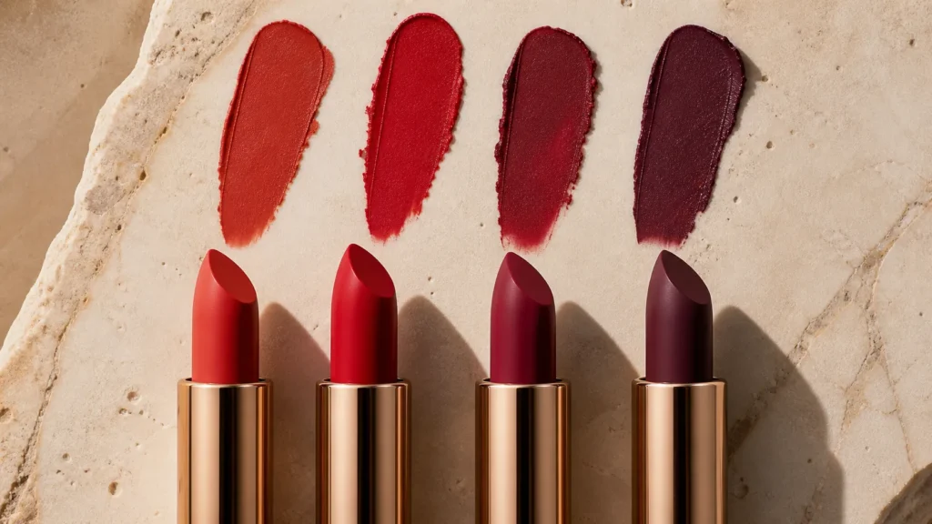 batons em tons vermelho terracota, vermelho clássico e vinho