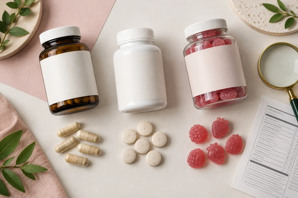 Cápsulas, comprimidos e gomas representando diferentes fórmulas de vitaminas para cabelo.