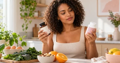 Mulher comparando opções de vitamina para cabelo ao lado de alimentos nutritivos.