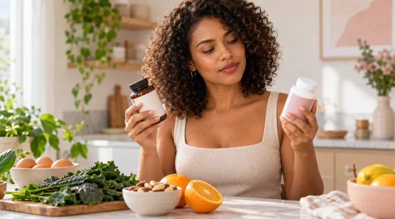 Mulher comparando opções de vitamina para cabelo ao lado de alimentos nutritivos.
