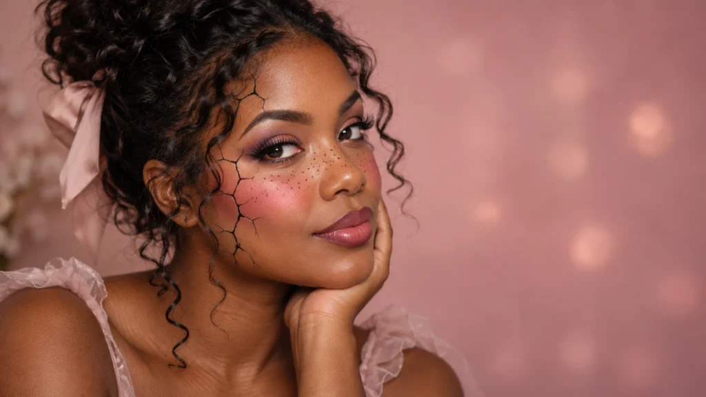 Mulher com maquiagem de boneca quebrada, sardas, blush rosado e rachaduras delicadas