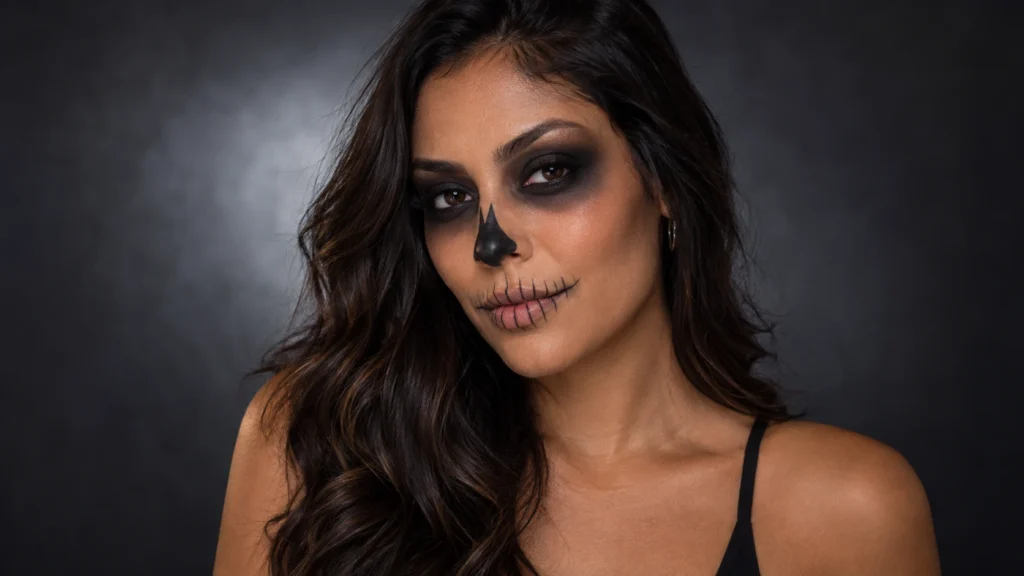 Mulher com maquiagem de caveira suave, olhos esfumados e detalhes discretos na boca