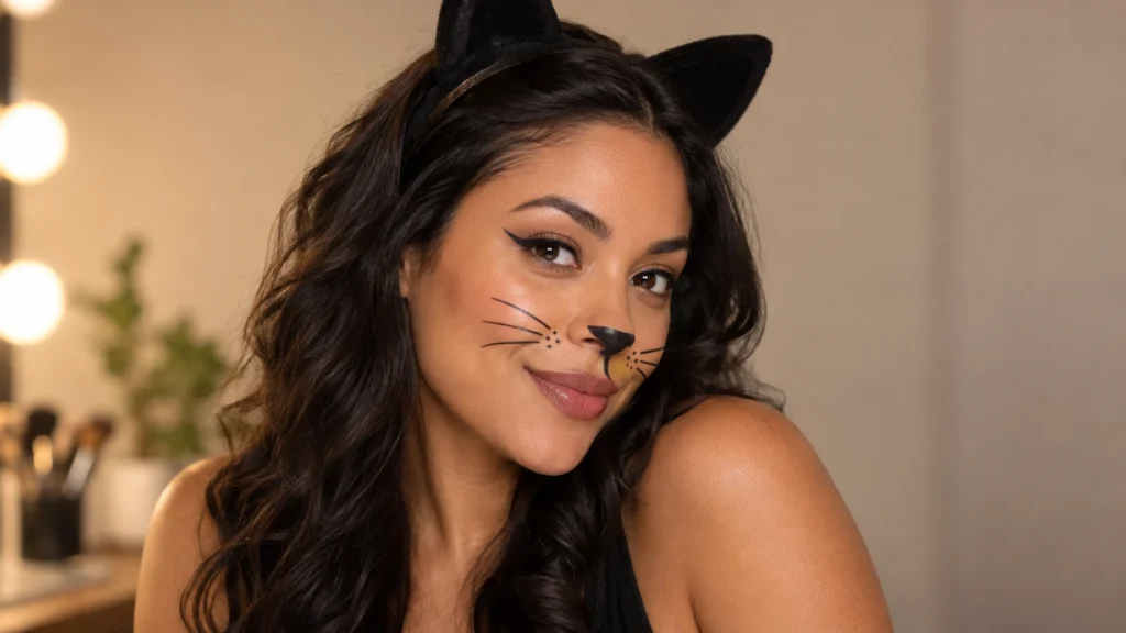 Mulher com maquiagem de gata simples para Halloween, delineado, bigodes e orelhas pretas