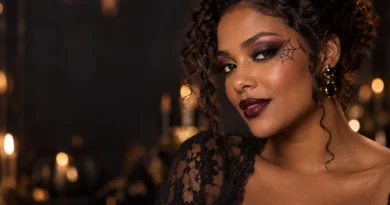 Mulher com maquiagem de Halloween simples, teia de aranha delicada e batom vinho