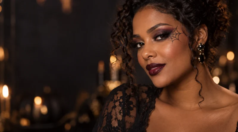 Mulher com maquiagem de Halloween simples, teia de aranha delicada e batom vinho