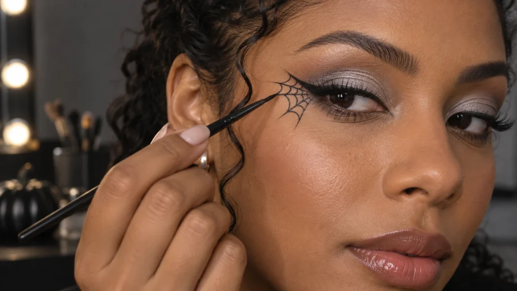 Mulher desenhando teia de aranha no canto do olho com delineador