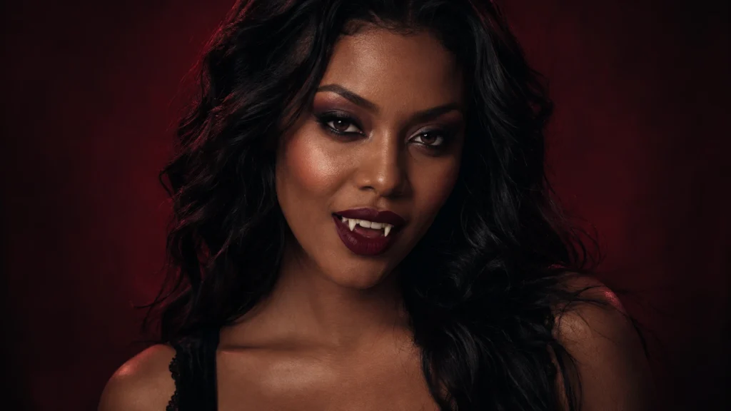 Mulher com maquiagem de vampira simples, batom vinho e presas de fantasia