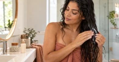 Mulher aplicando acidificante no comprimento do cabelo úmido durante a rotina capilar