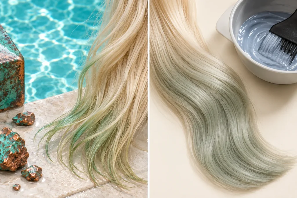 Comparação entre cabelo esverdeado pela piscina e por excesso de pigmento frio do matizador.