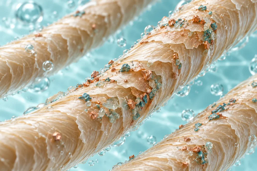 Ilustração de partículas de cobre aderidas à fibra de cabelo após contato com água de piscina.