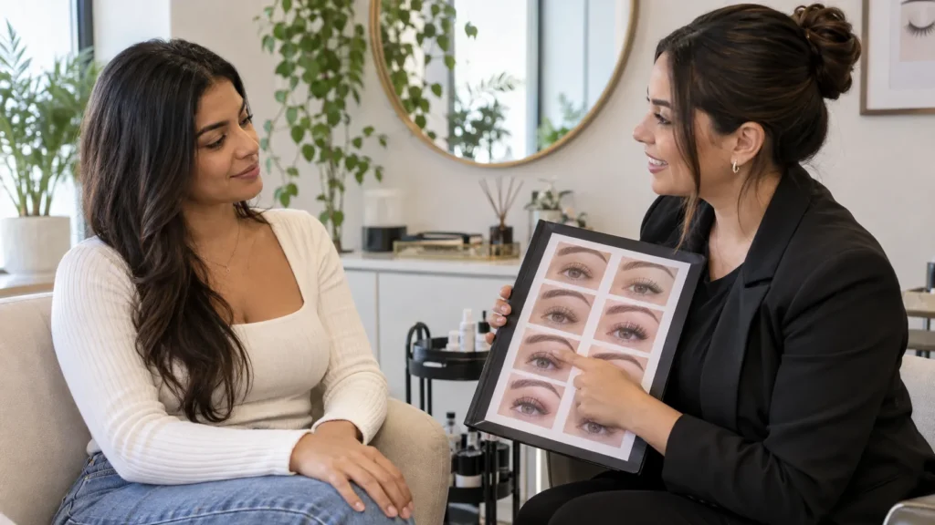 Cliente conversando com profissional sobre estilos de extensão de cílios