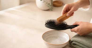 Pessoa removendo fios e limpando uma escova de cabelo com cuidado