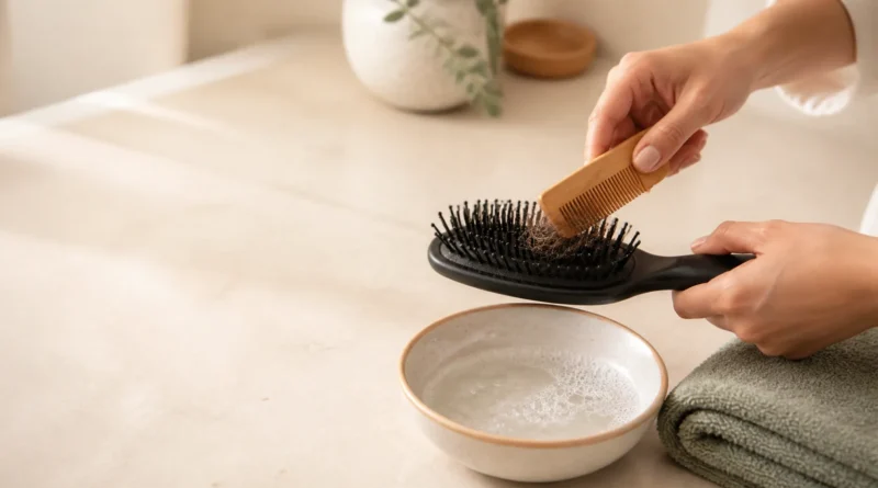 Pessoa removendo fios e limpando uma escova de cabelo com cuidado